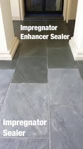 Comparison of floor tiles with impregnator sealer and enhancer sealer, showing different finishes.