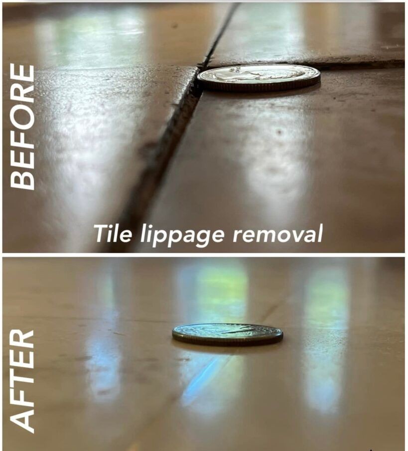 Before and after images of coin on tile, demonstrating tile lippage removal.