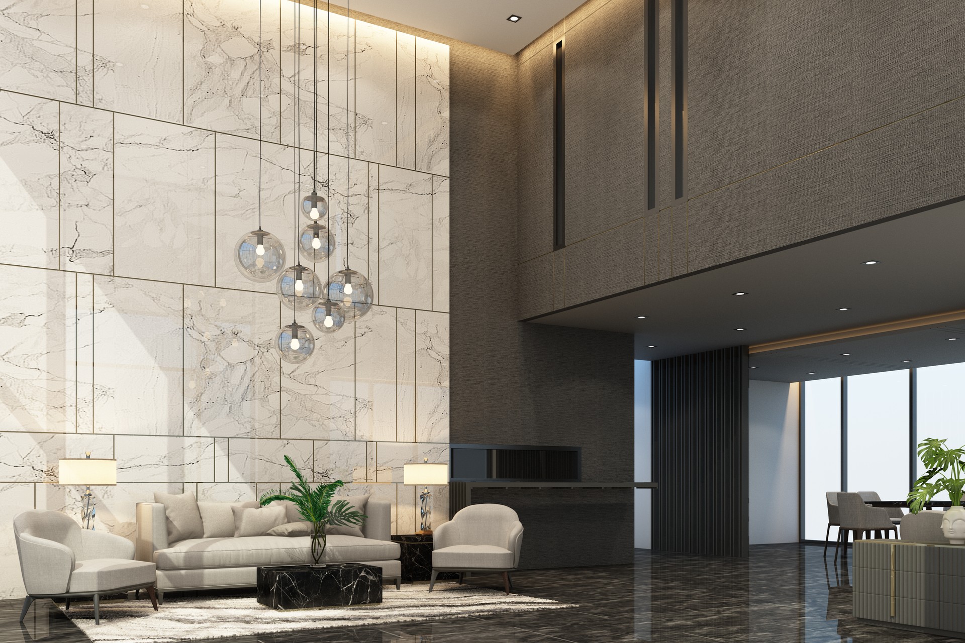 Mainhall reception waiting area in condominium or hotel with luxury furniture and marble texture in grey tone color 3d rendering